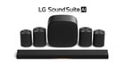 LG전자가 어떤 공간에서도 최적화된 사운드를 구현하는 LG 사운드 스위트(LG Sound Suite)를 공개한다. 사진은 돌비 애트모스 플렉스커넥트(DAFC)를 지원하는 사운드바(사진 하단)와 무선 서라운드 스피커(사진 왼쪽에서 첫 번째·두 번째 및 오른쪽에서 첫 번째·두 번째), 서브우퍼(사진 중앙)로 구성된 신개념 프리미엄 오디오 시스템의 모습. /사진=LG전자 제공