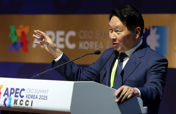 지난 10월31일 경북 경주예술의전당에서 열린 아시아태평양경제협의체(APEC) CEO 서밋 폐회식 및 인계식에서 폐회사를 하고 있는 최태원 대한상공회의소 회장. /사진=뉴시스