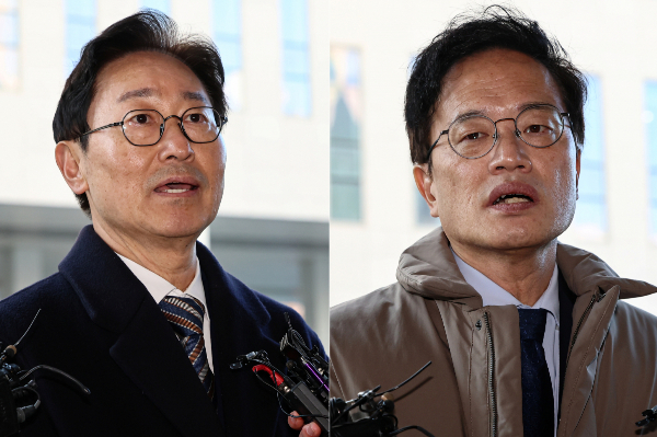 박범계, 박주민 더불어민주당 의원이 '국회 패스트트랙 충돌' 사건에 대한 1심에서 벌금형 선고를 유예받았다. 사진은 지난달 28일 박범계, 박주민 의원이 서울 양천구 남부지방법원에서 열린 국회 패스트트랙(신속처리안건) 충돌 사건 관련 결심 공판에 출석하며 취재진 질문에 답하고 있는 모습. /사진=뉴스1