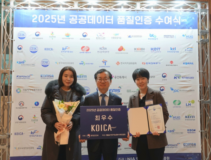 지난 19일 서울 한국광고문화회관에서 진행된 ‘2025년 공공데이터 품질인증 수여식’에서 김동호 코이카 경영전략본부 이사(가운데)를 비롯한 관계자들이 인증서를 수여받고 기념사진을 촬영하고 있다. /사진=코이카