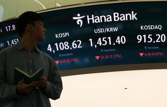 24일 오후 서울 중구 하나은행 딜링룸 전광판에 코스피가 전 거래일 보다 8.70 포인트(0.21%) 내린 4108.62 포인트를 나타내고 있다. 원달러 환율은 32.20원(2.17%) 내린 1451.40원을 보였다./사진=뉴시스