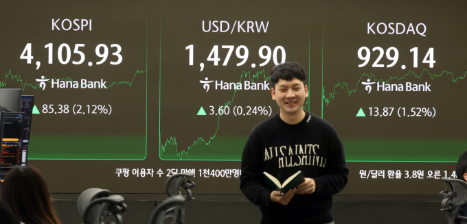 22일 서울 중구 하나은행 딜링룸 전광판 증시 종가가 나타나고 있다. 이날 코스피 지수는 전거래일 대비 85.38포인트(2.12%) 상승한 4,105.93으로 코스닥 지수는 13.87포인트(1.52%)상승한 929.14롤 마감했다./사진=뉴스1