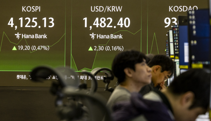 23일 코스피가 상승폭을 줄이며 4120선에서 거래된다. 환율은 1483원까지 올랐다. 사진은 이날 서울 하나은행 딜링룸 전광판에 나타난 시황. /사진=뉴시스