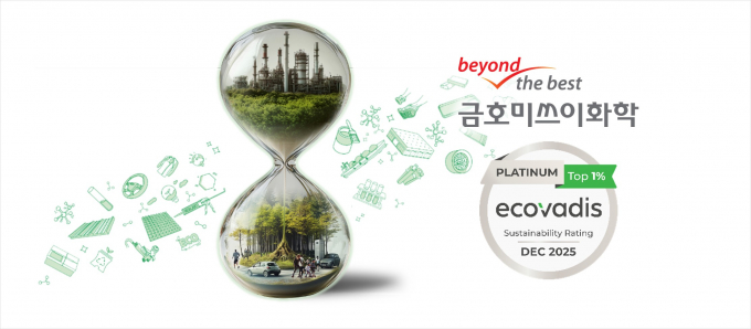 금호미쓰이화학이 글로벌 공급망 지속가능성 평가기관 에코바디스(EcoVadis)로부터 최상위 1%에 해당하는 플래티넘 등급을 획득했다.  사진으 금호미쓰이화학이 에코바디스 플래티넘 등급을 획득함을 홍보함. /사진=금호미쓰이화학 제공
