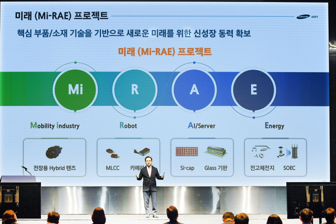하나증권이 삼성전기의 실적 전망을 우호적으로 바라봤다. 사진은 지난 3월 서울 양재동 엘타워에서 열린 제52기 정기 주주총회에 나섰던 장덕현 삼성전기 시장. /사진=삼성전기