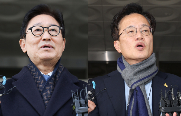 검찰이 '패스트트랙(신속처리안건) 충돌' 사건으로 재판에 넘겨져 유죄 판결을 받은 더불어민주당 전·현직 의원 전원에 대해 항소를 제기하지 않기로 했다. 사진은 국회 패스트트랙(신속처리안건) 충돌 사건으로 재판에 넘겨진 더불어민주당 박범계·박주민 의원이 지난 19일 오후 서울 양천구 서울남부지방법원에서 열린 선고 기일을 마친 뒤 법원을 나서며 입장을 밝히는 모습. /사진=뉴시스