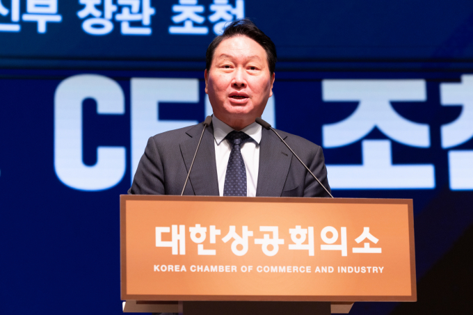 지난 18일 오전 서울 중구 대한상공회의소에서 열린 부총리 겸 과학기술정보통신부 장관 초청 대한상공회의소 CEO 조찬 간담회에서 인사말을 하고 있는 최태원 대한상공회의소 회장 /사진=뉴시스
