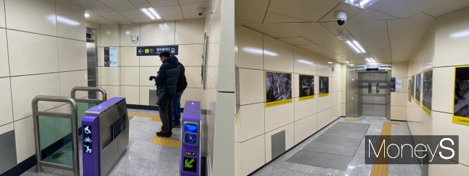 까치산역은 지상부 공간이 협소하고 공사 중 극경암이 발견되며 서울 내 지하철역사 가운데 가장 마지막으로 엘리베이터 설치가 완료됐다. 사진은 새로 설치된 지상 1층~지하 1층 엘리베이터(왼쪽)와 지하 1층~지하 5층 엘리베이터 모습. /사진=최성원 기자