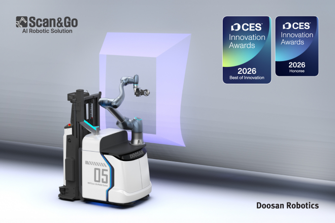 CES 2026 혁신상(Innovation Awards)을 수상한 AI 기반 로봇 솔루션 '스캔앤고'(Scan & Go). /사진=두산로보틱스