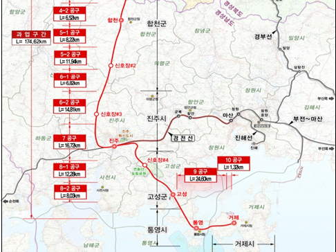 두산건설이 2688억원 규모의 철도·수도 인프라 사업을 수주하며 사회 기반시설 사업 영역을 강화하고 있다. 사진은 남부내륙철도(김천-거제) 건설사업 제8-1공구 노선도. /사진=두산건설